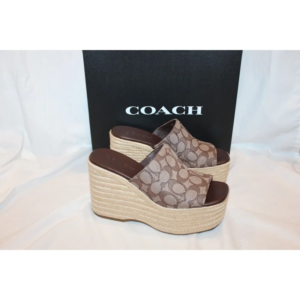COACH Women Suede Espadrille Platform Wedge Slide Sandals OAK MAPLE NEW 9